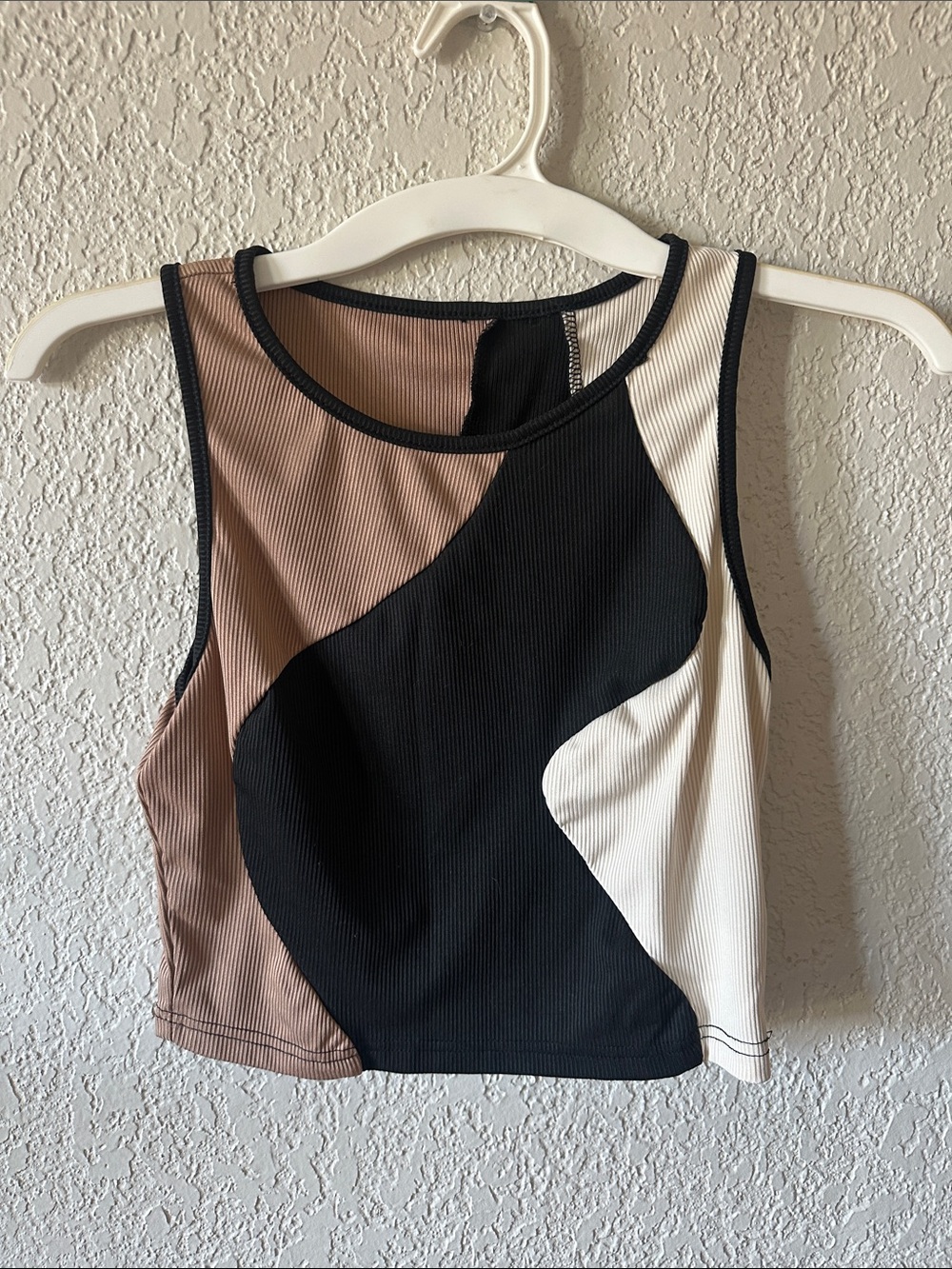 SHEIN Black, White & Brown Colorblock Ribbed Crop Tank